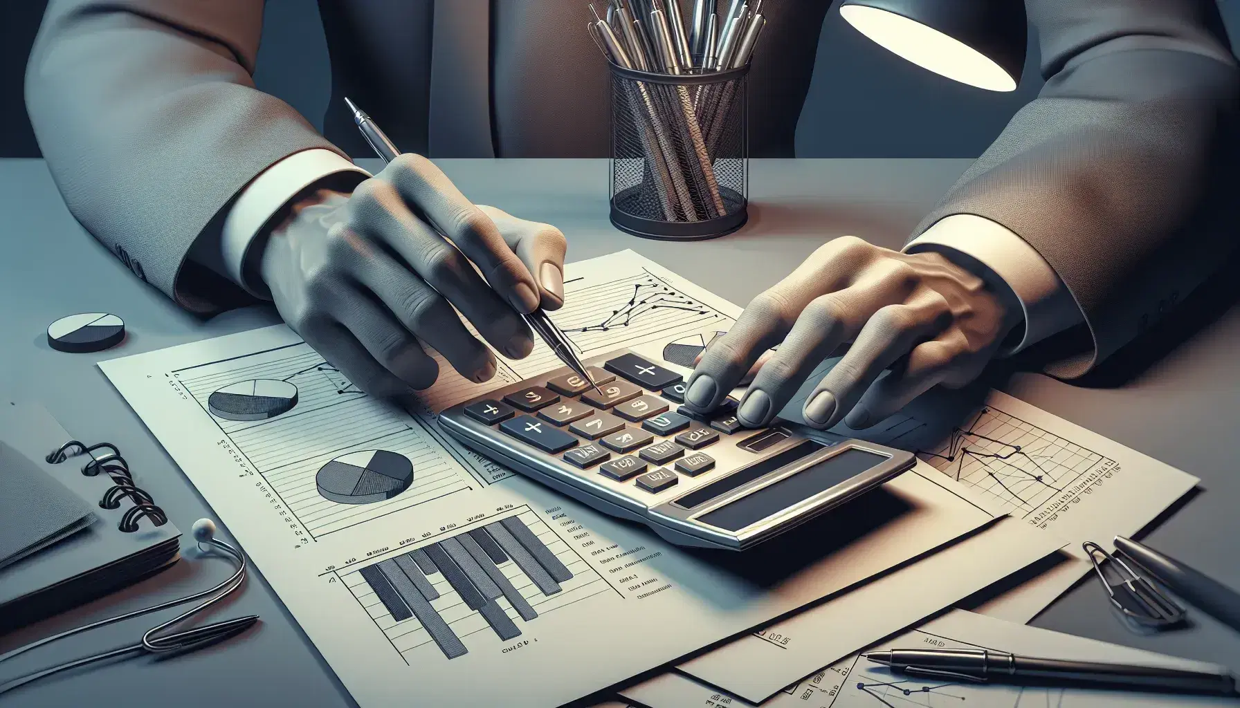 Close-up view of hands using a calculator above a desk with a stack of paper charts in shades of blue and a glass filled with metallic pens.