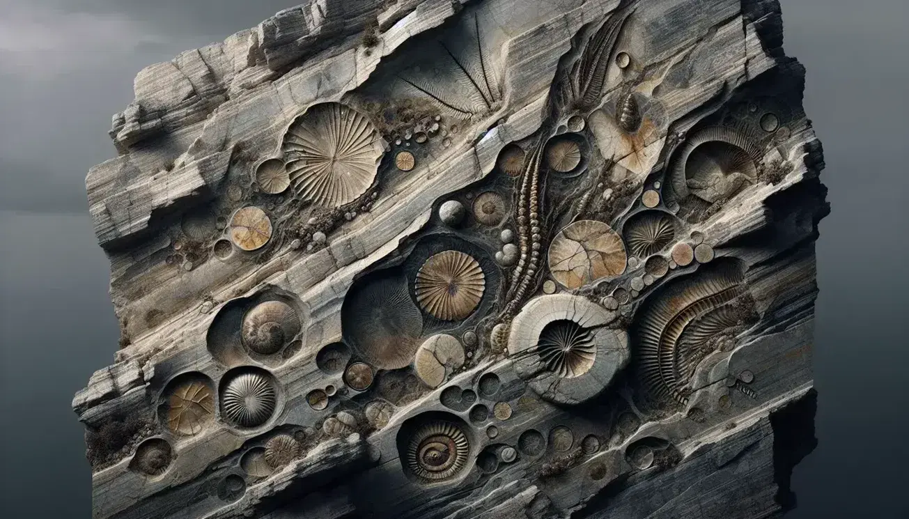Fossili vari, tra cui conchiglie e foglia venata, incastonati in roccia sedimentaria grigio-marrone con venature scure.