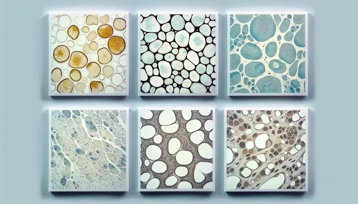 Cuatro muestras de tejidos humanos en portaobjetos de microscopio, incluyendo tejido adiposo, cartilaginoso, óseo y sanguíneo, con técnicas de tinción que resaltan sus características.