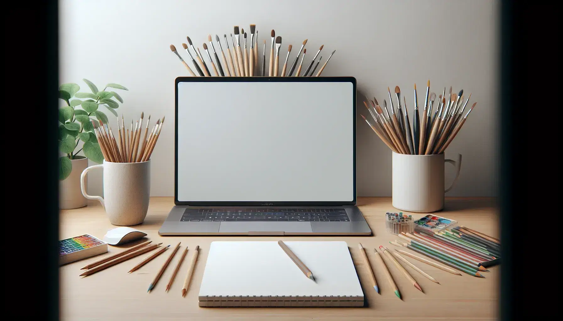 Organized desk with open laptop, cup with brushes, glass with colored pencils, notepad with pencil and green plant.