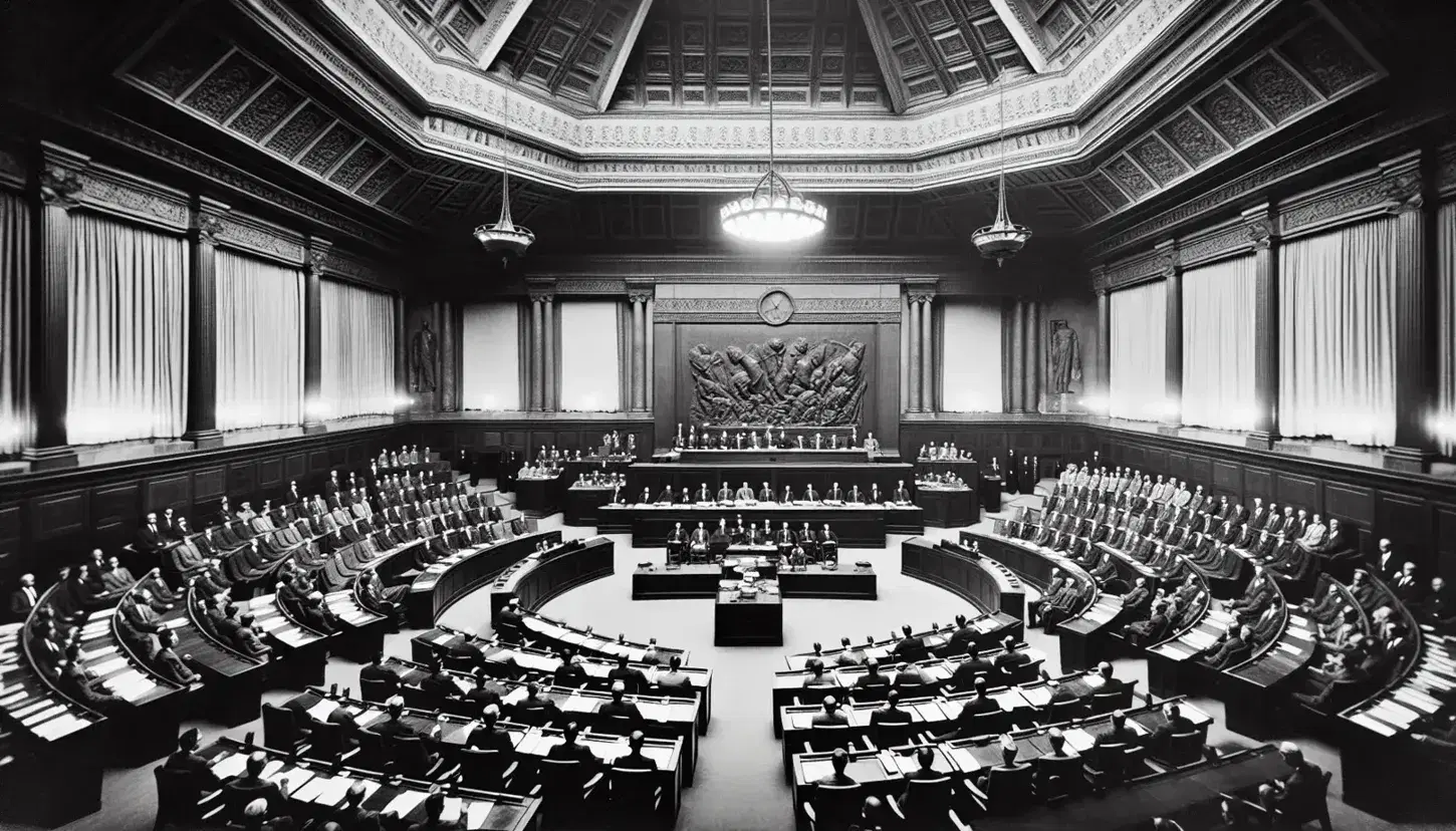 Sala dell'Assemblea Costituente del 1946-47 con banchi semicircolari, oratori al podio e soffitto decorato.
