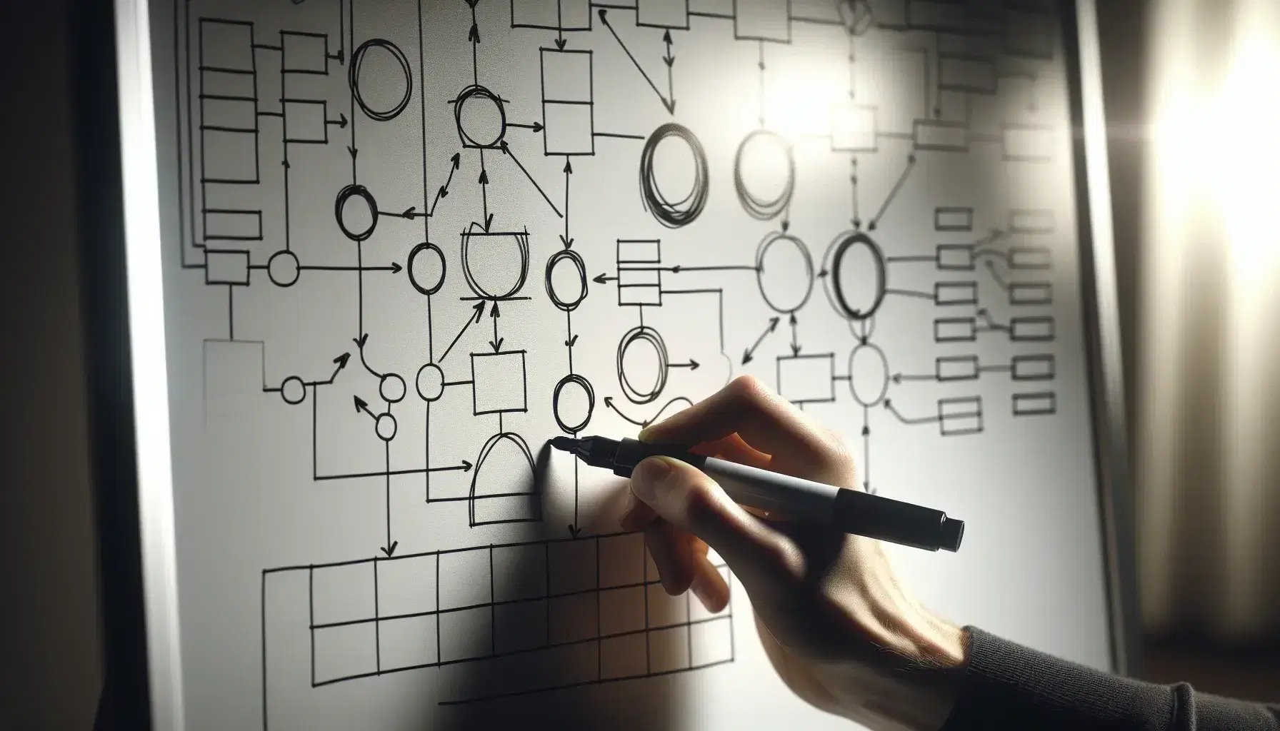 Mano sosteniendo un marcador negro y dibujando un diagrama de flujo en una pizarra blanca con figuras geométricas y flechas conectándolas.