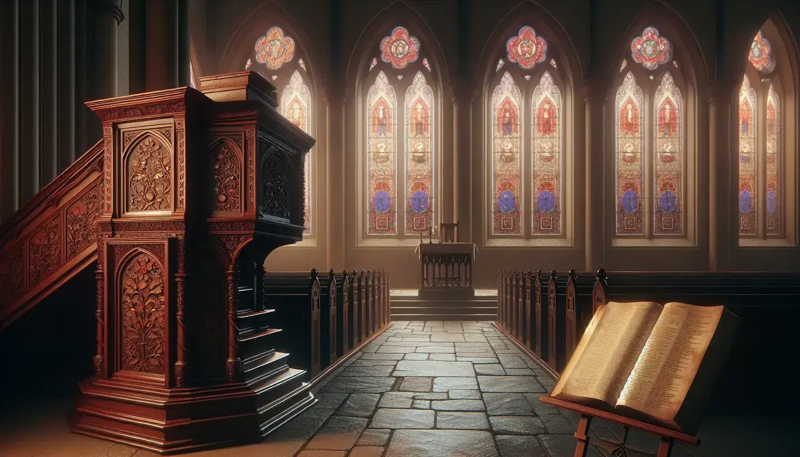 Serene church interior with an intricately carved wooden pulpit, warm-hued stained glass light on stone floor, and rows of empty pews.