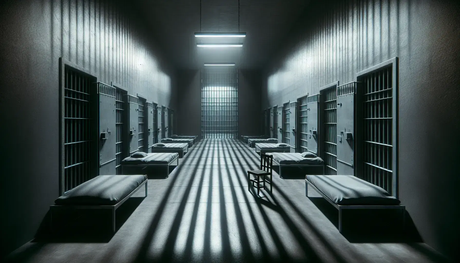 Dimly lit prison interior with a row of three open-barred cells, each with a plain cot, and a solitary wooden chair facing them, casting long shadows on the polished stone floor.