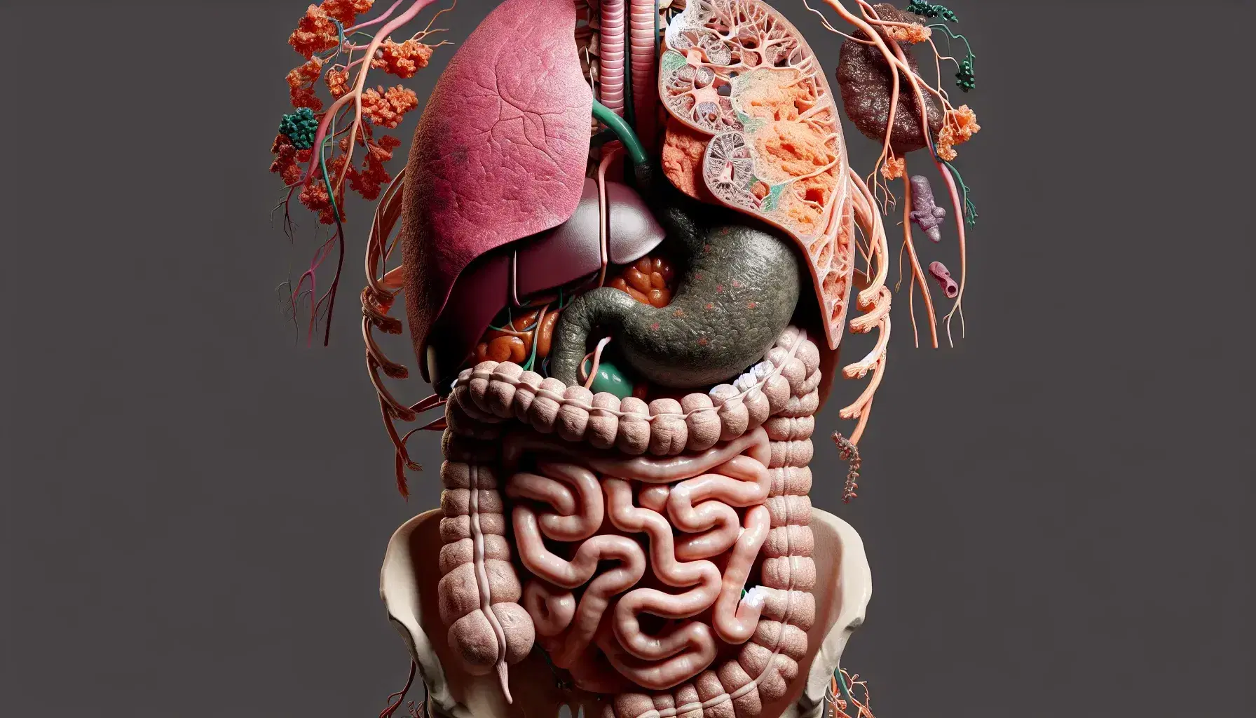 Ilustración detallada del sistema digestivo humano mostrando esófago, estómago, hígado, vesícula biliar, páncreas e intestinos grueso y delgado sin piel en torso.