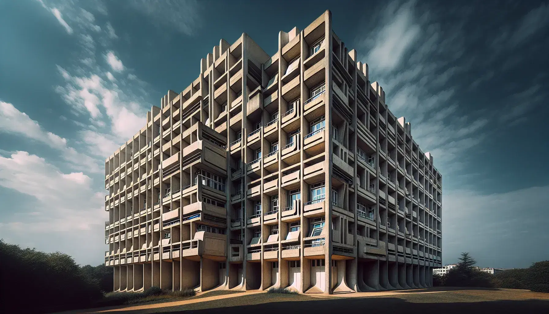 Vista de la Unité d'Habitation de Le Corbusier, con balcones rectangulares y ventanas estrechas en una fachada de hormigón bajo un cielo azul.
