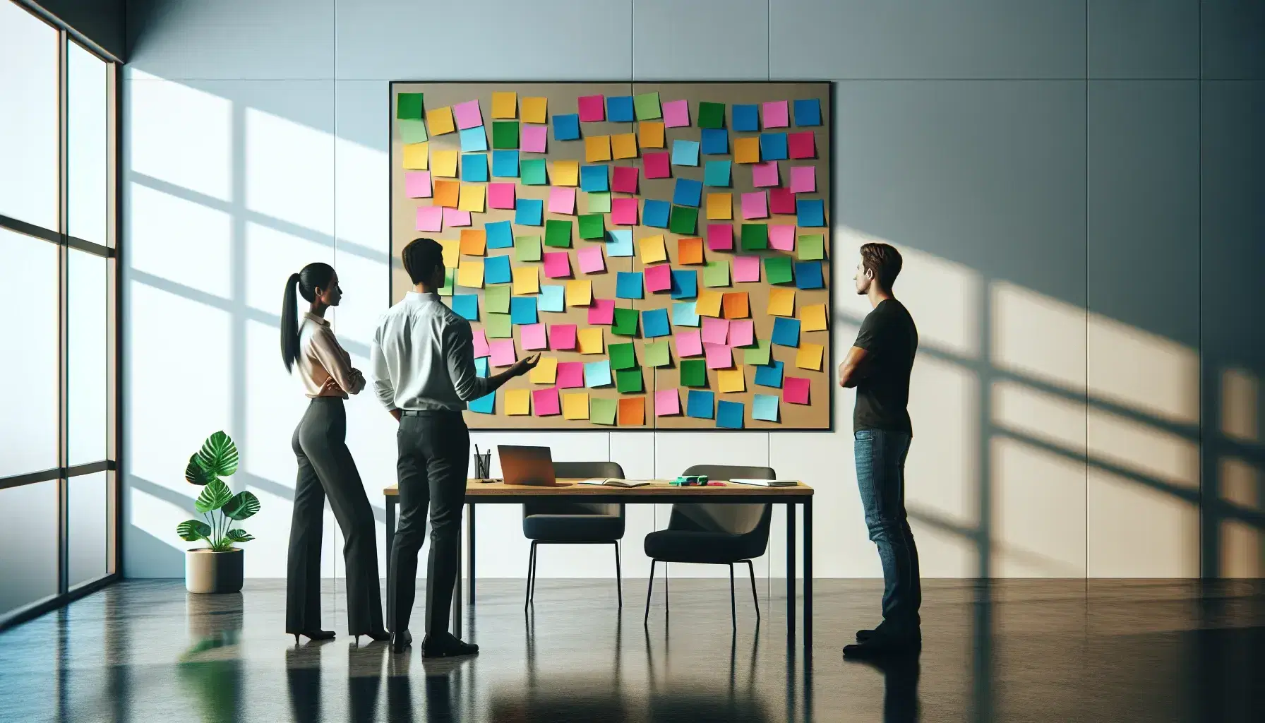 Equipo de trabajo colaborativo alrededor de una mesa con notas adhesivas de colores en un tablero, en una oficina iluminada naturalmente con una planta al lado.