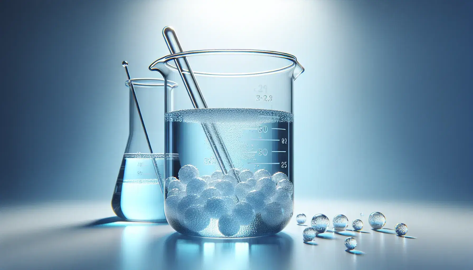 Glass beaker with transparent blue liquid and white crystals on the bottom, stirring rod on the side, second empty beaker on the background.