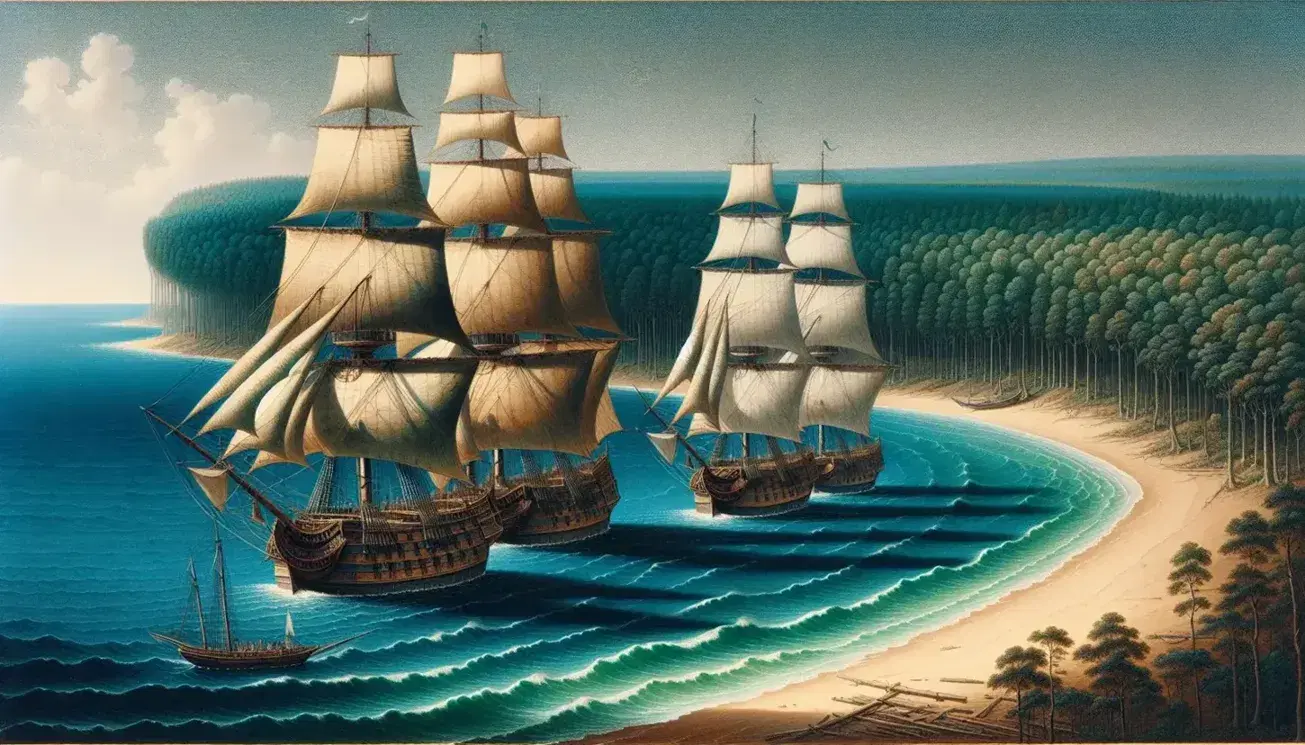Three vintage wooden sailing ships with white sails glide on a calm blue ocean near a sandy beach leading to a lush green forest under a clear sky.