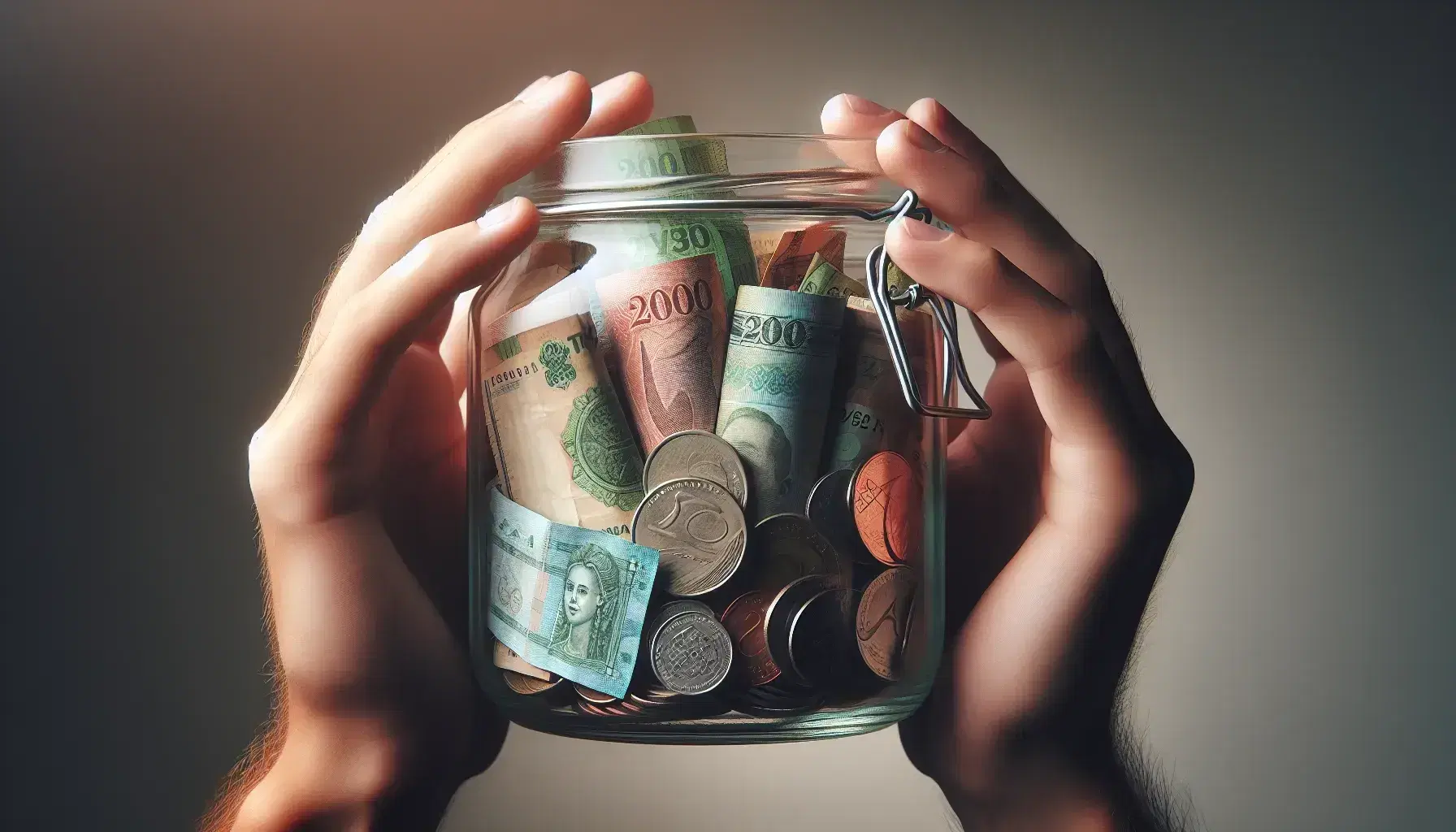 Hands holding a glass jar filled with mixed currency notes and coins, with a softly blurred neutral background highlighting the savings concept.