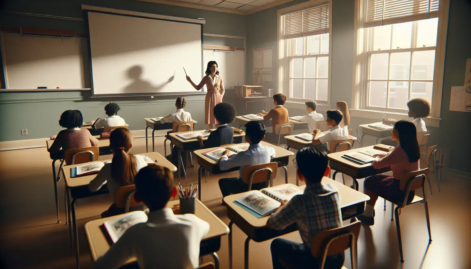 Diverse students in a classroom attentively listen to a female teacher about to write on a whiteboard, notebooks and pens ready on desks.