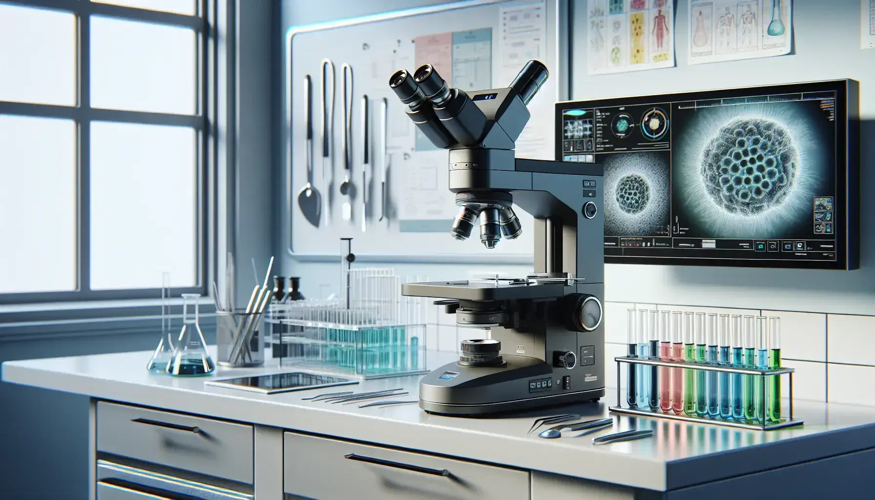 Laboratorio scientifico moderno con microscopio elettronico e monitor, provette colorate e strumenti metallici, figura sfocata in camice bianco.