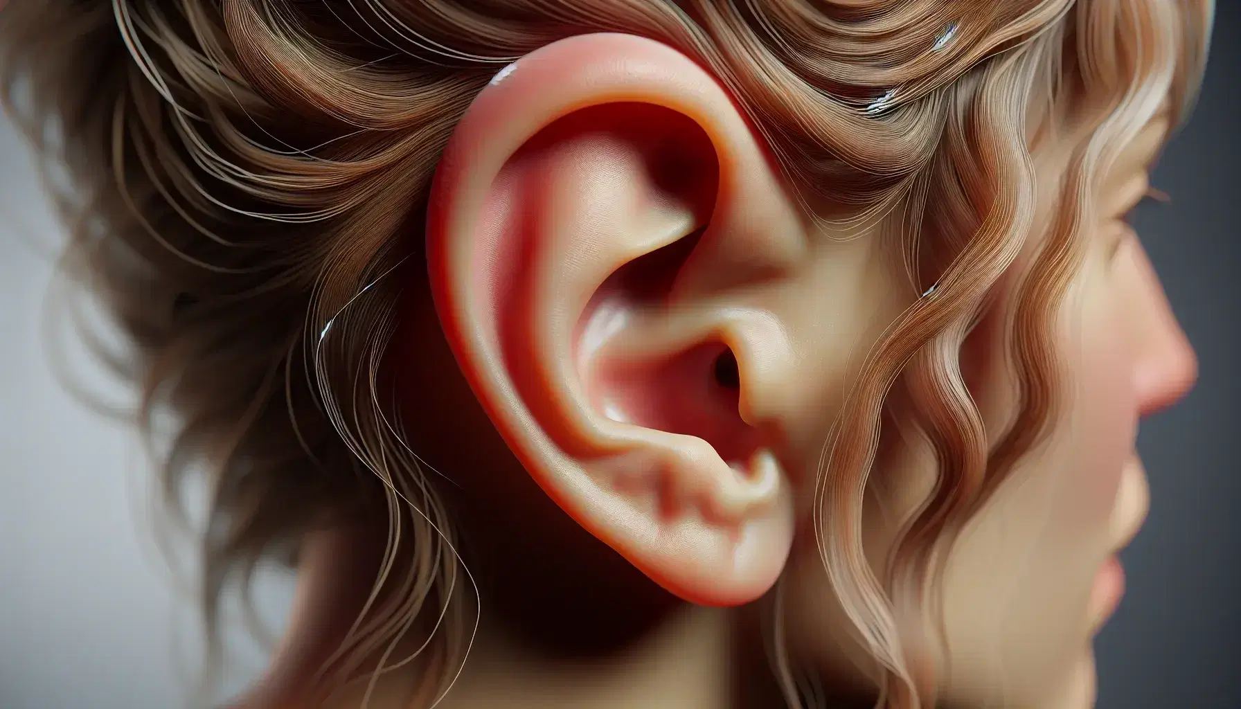 Close-up of a human ear with visible pinna, tragus and lobe, without jewels, on a blurred background that enhances the details.