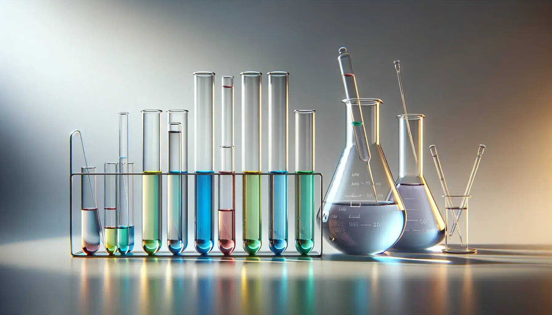 Tubos de ensayo con líquidos de colores azul, verde, amarillo y rojo en fila sobre superficie blanca y matraz Erlenmeyer con líquido violeta al fondo.
