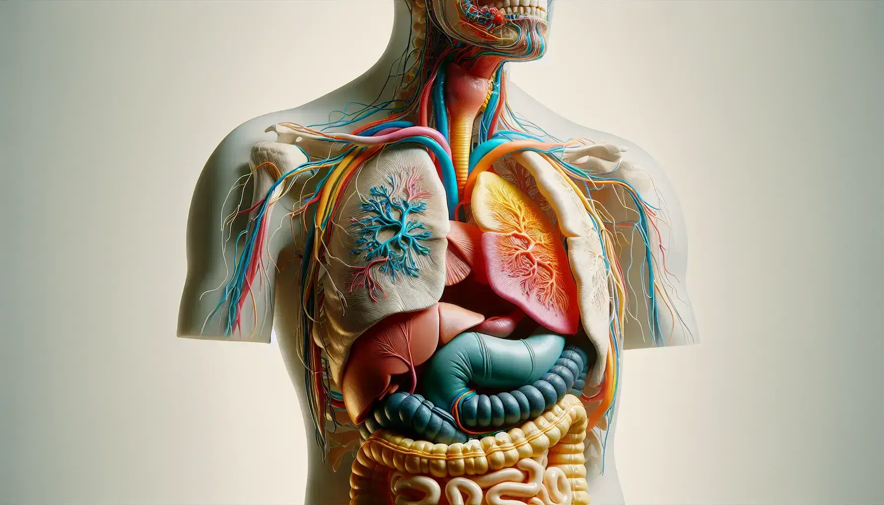 Modelo anatómico tridimensional del sistema digestivo humano, mostrando órganos desde la boca hasta el intestino grueso en colores diferenciados y fondo neutro.