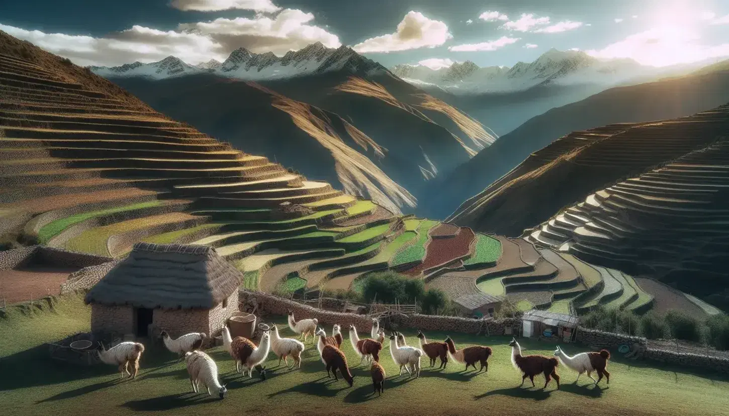 Llamas pastando en verdes praderas andinas con terrazas agrícolas y picos nevados al fondo bajo un cielo azul, junto a una cabaña de piedra con techo de paja.