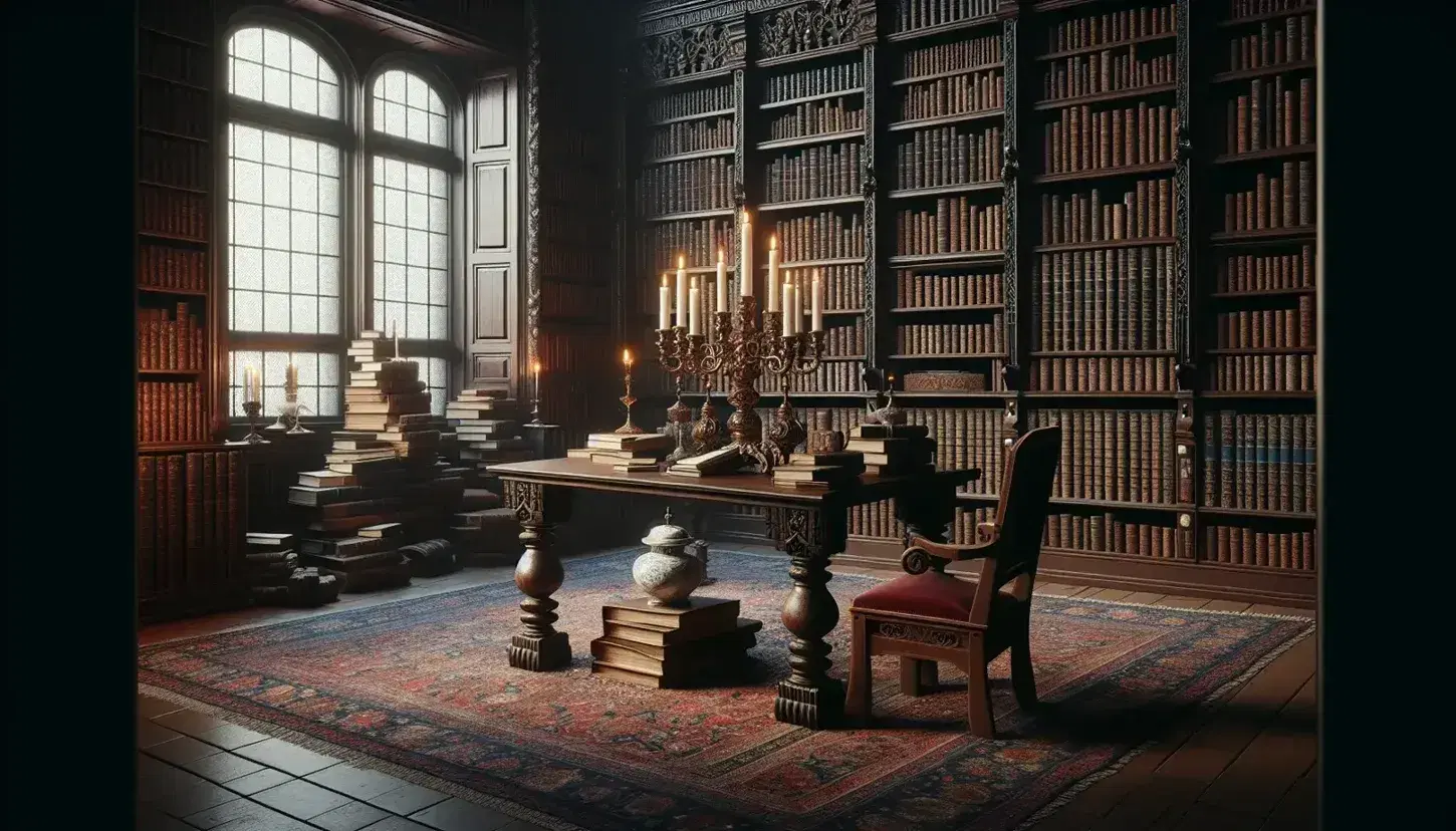 Biblioteca antigua con estantes de madera oscura llenos de libros, mesa con candelabro de bronce y tintero, silla con cojín rojo y alfombra persa.