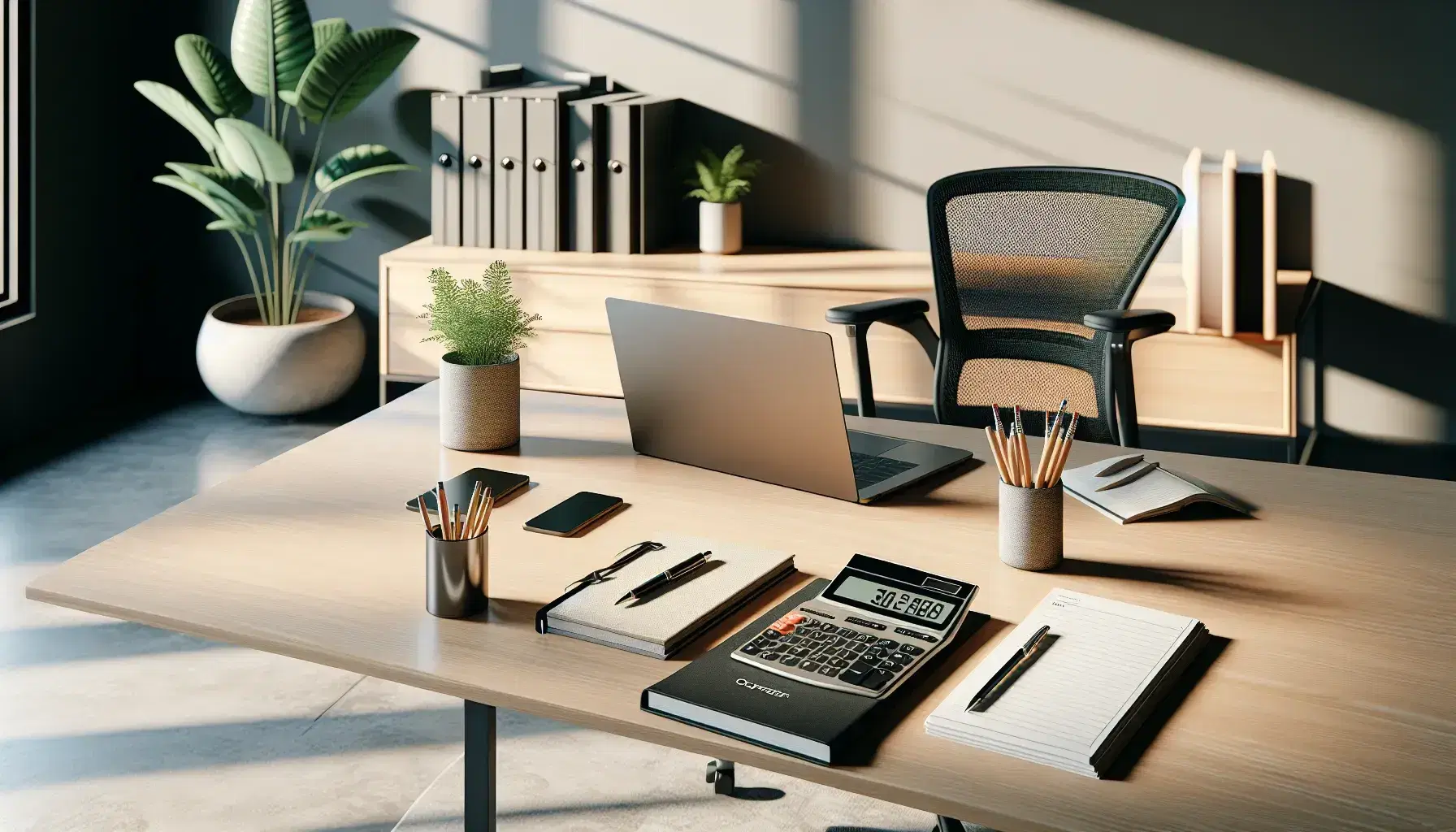 Oficina moderna y luminosa con mesa de madera, calculadora negra, papeles ordenados, bolígrafos metálicos, portátil abierto y silla ergonómica frente a ventana grande.