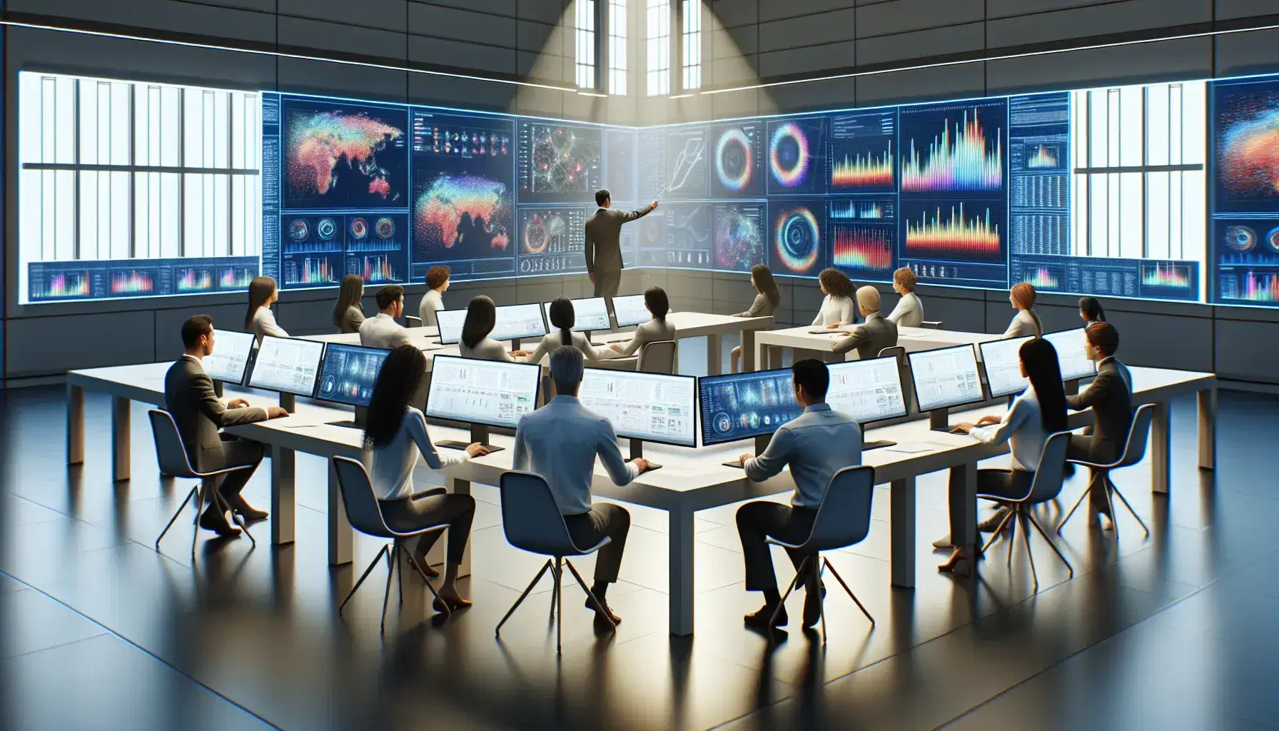 Modern classroom with adult students at U-shaped tables using computers with colorful data visualizations, instructor pointing at blank digital whiteboard.