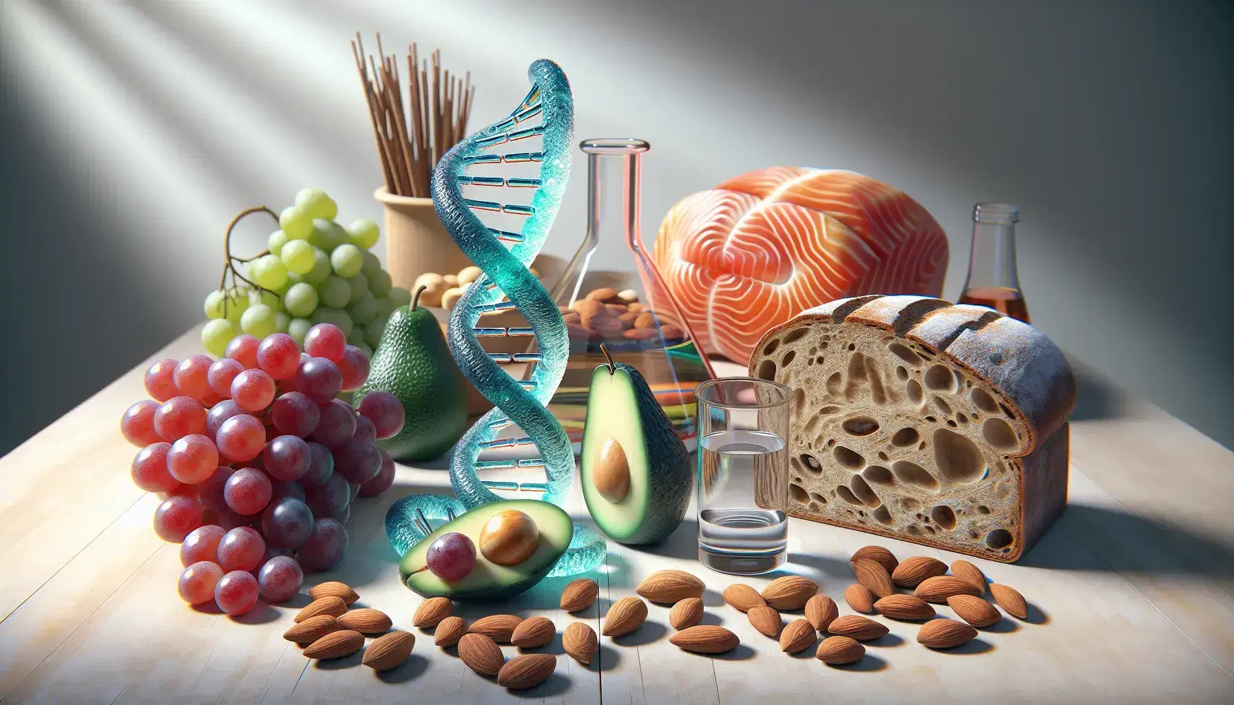 Espiral de ADN tridimensional entre alimentos saludables como uvas rojas, pan integral, aguacate, almendras y filete de salmón en superficie de madera iluminada naturalmente.