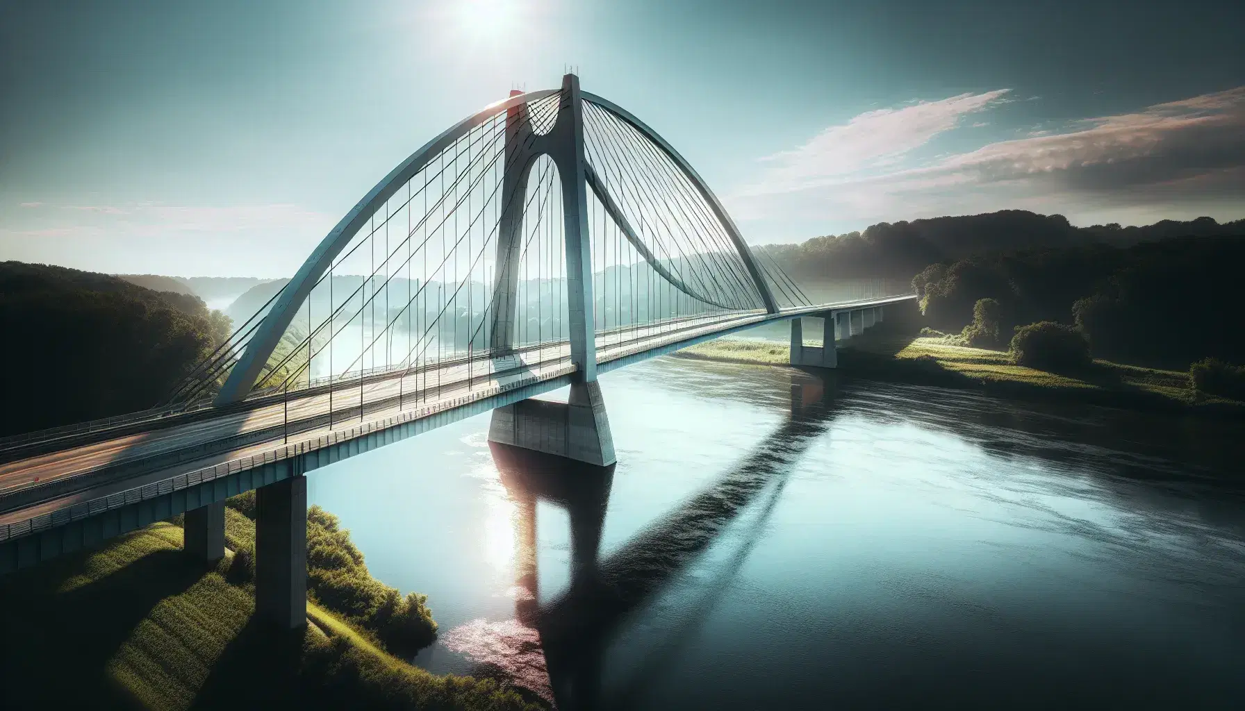 Ponte sospeso in acciaio che attraversa un fiume con cavi a parabola, cielo azzurro con nuvole sparse e riflessi solari sull'acqua, sponde verdi.
