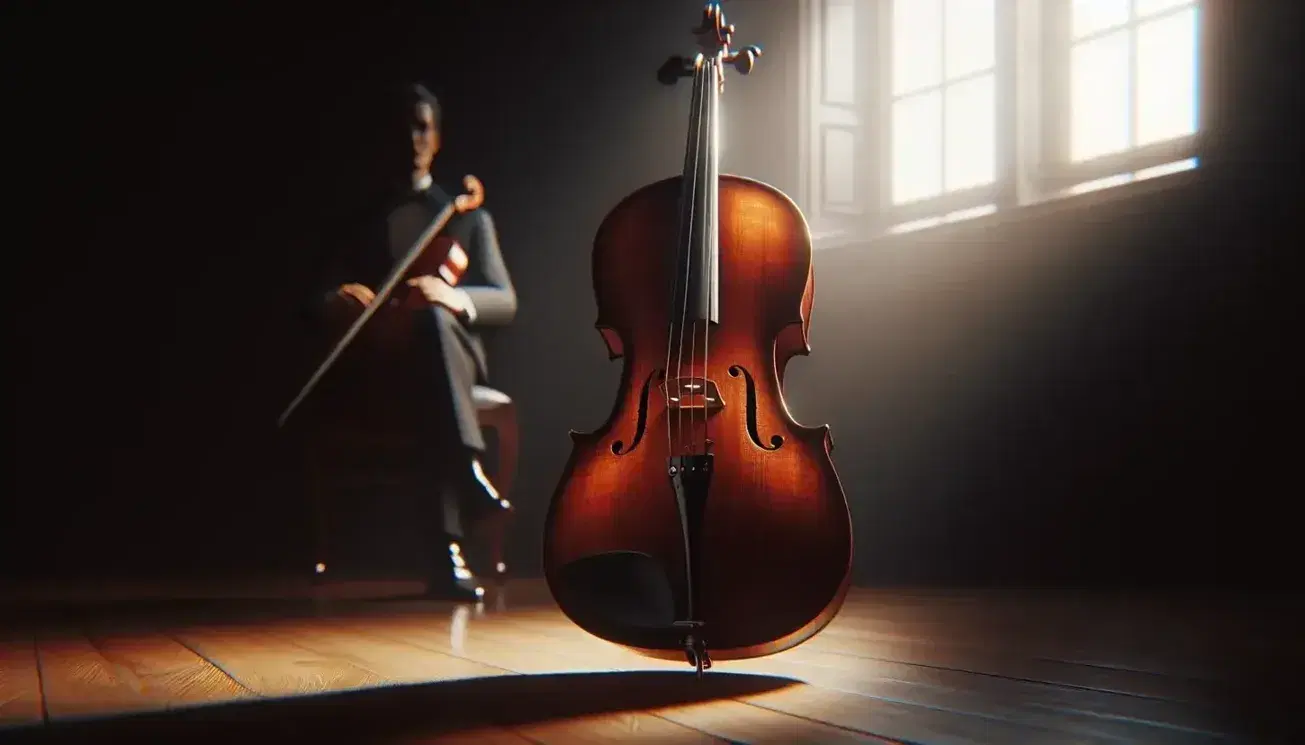 Violoncello lucido su pavimento in legno con figura sfocata di un violoncellista in abito formale sullo sfondo.
