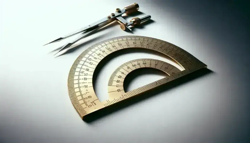Brass semicircular protractor with etched degree marks and straight edge alongside metallic compass with pencil tip on white background, casting soft shadows.