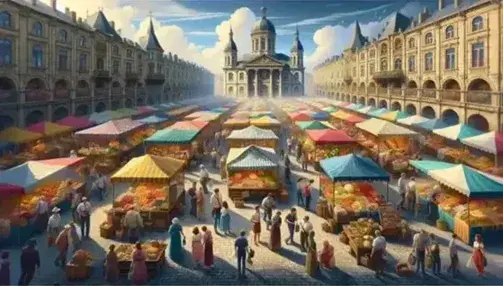 Mercato all'aperto in piazza storica con bancarelle colorate, vendita prodotti locali, turisti e edifici antichi sullo sfondo.