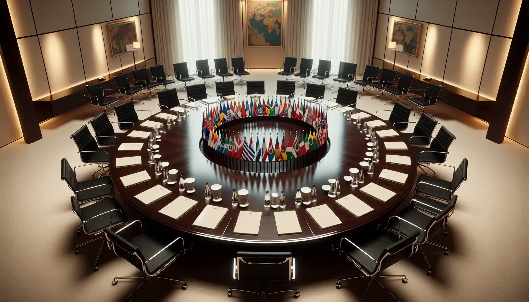 Polished dark wood round table in a bright conference room with cream walls, surrounded by black leather chairs, white folders, water bottles, cups, and Ibero-American flags.