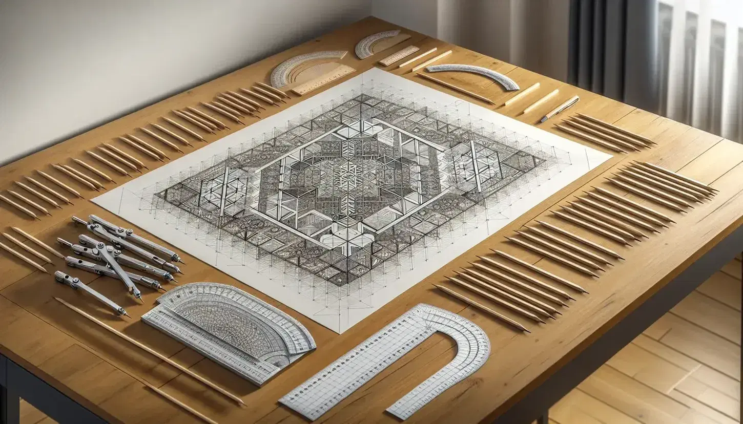 Tidy desk with mathematical tools, sheet with complex geometric design, compass, wooden rulers, projector and mechanical pencil.
