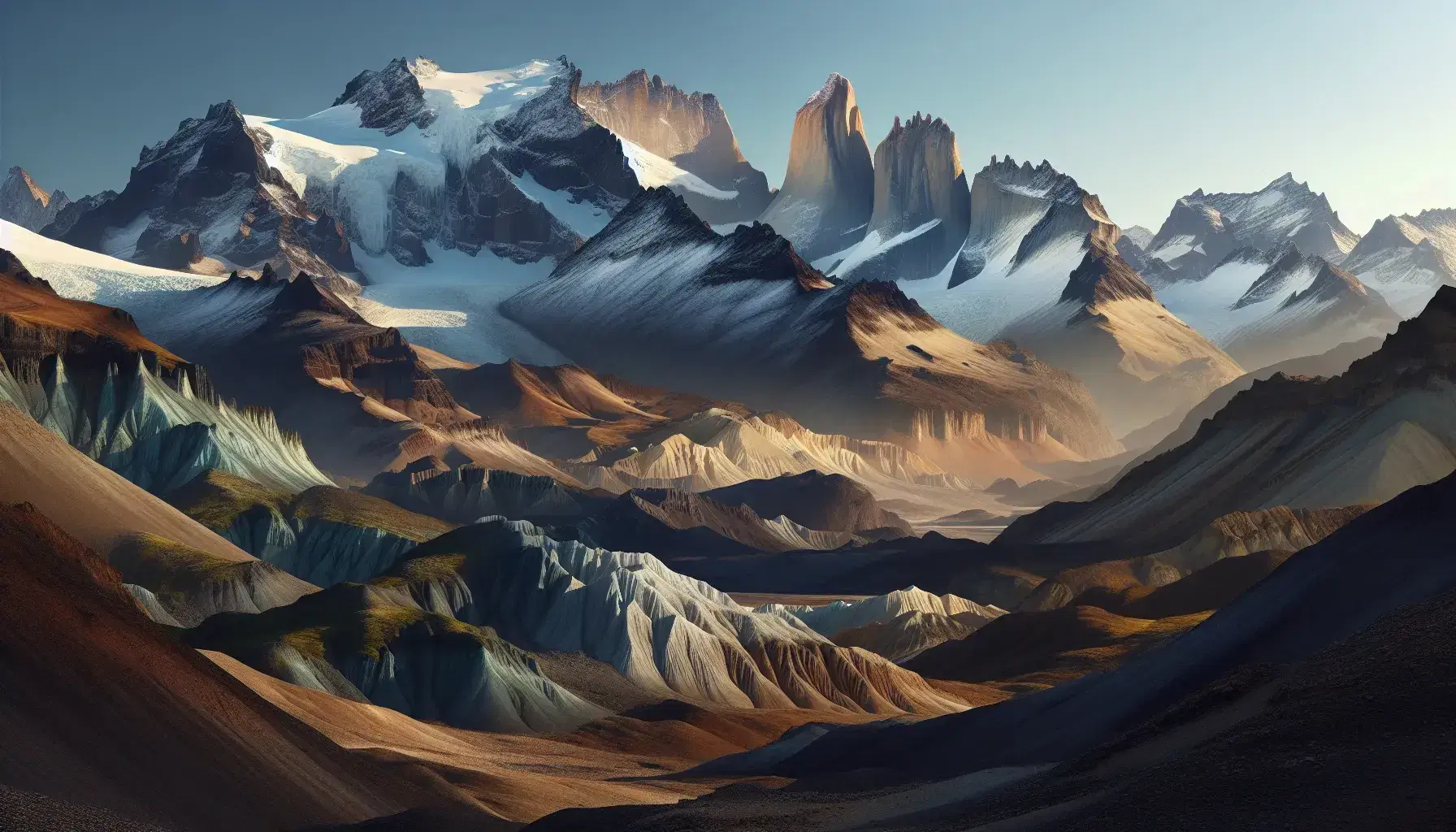 Paisaje montañoso con cimas nevadas y formaciones rocosas estratificadas bajo un cielo azul despejado, sin presencia de vida visible.