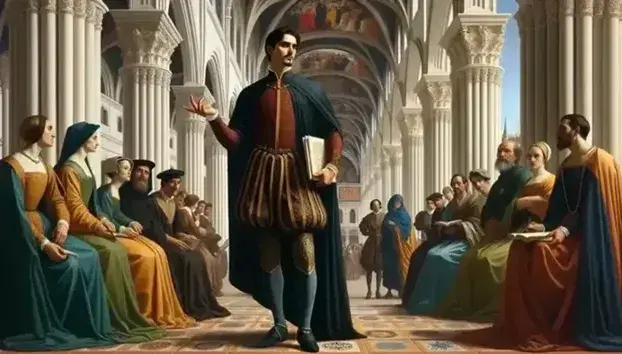 Escena renacentista española con figura masculina central en túnica roja y capa azul, rodeado de personajes en diálogo, ante arquitectura con columnas y vidrieras.