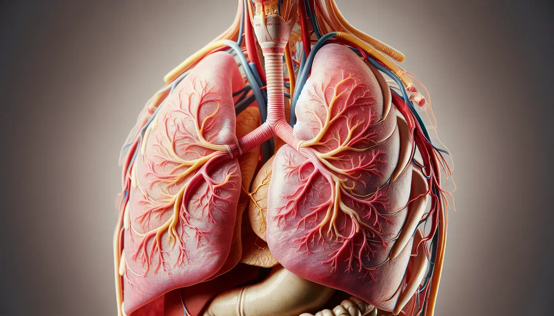 Modello dettagliato del sistema respiratorio umano con polmoni, bronchi e trachea evidenziati, su sfondo neutro.