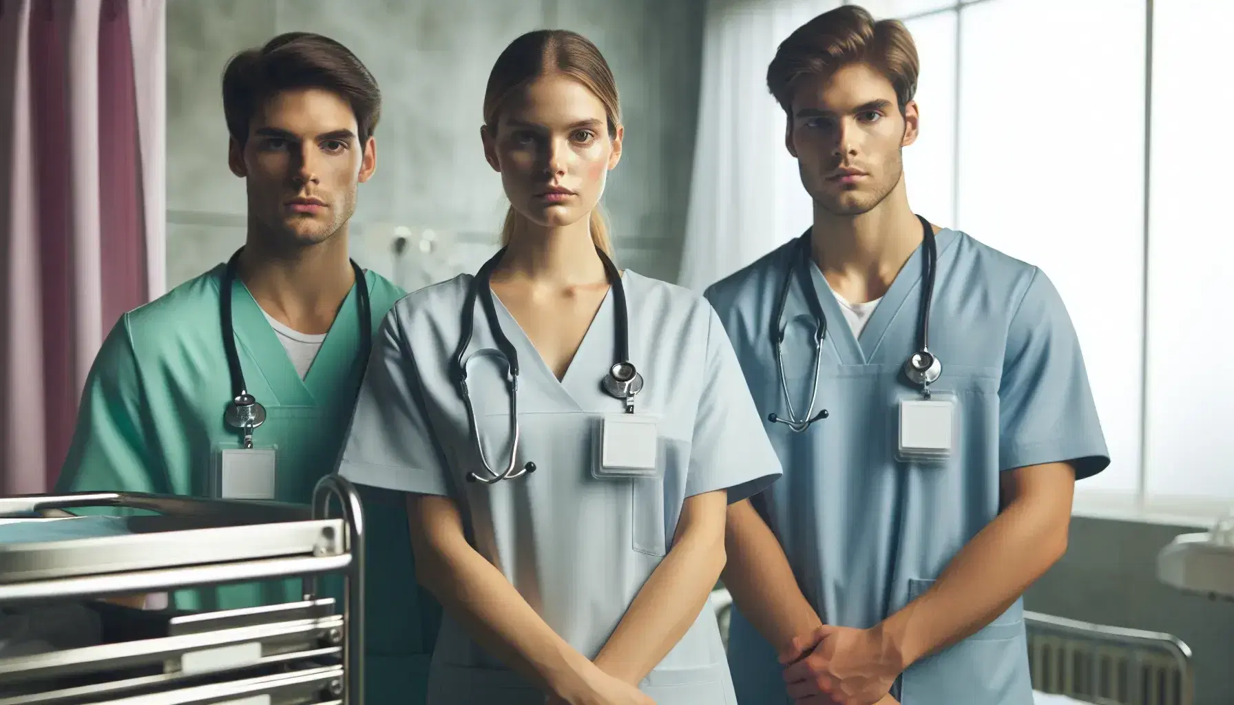 Grupo de tres enfermeros con uniformes de colores y estetoscopios en un hospital, mostrando profesionalismo ante un carro de acero inoxidable.