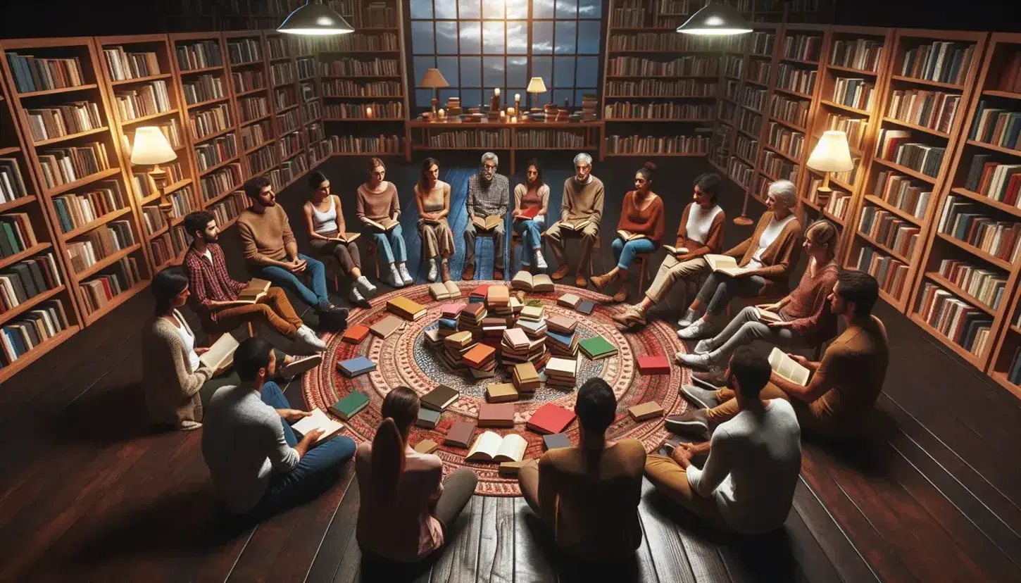 Grupo diverso de personas sentadas en círculo en una biblioteca, discutiendo animadamente con libros coloridos en el centro, rodeados de estantes llenos de libros y una iluminación cálida.