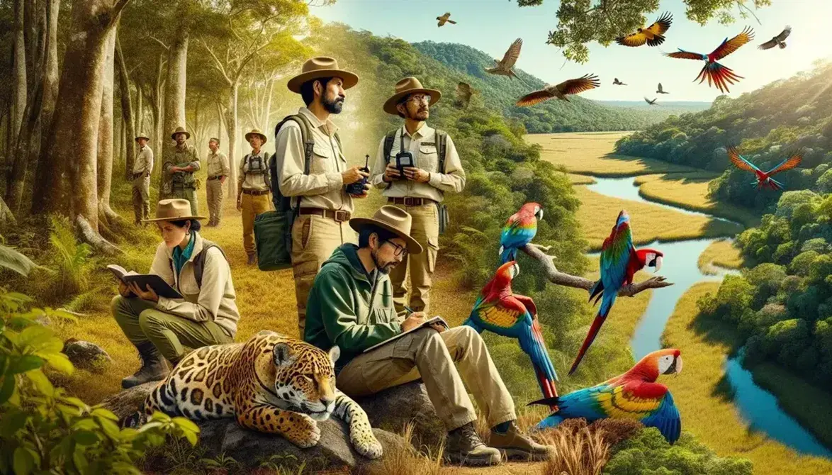 Biólogos de campo toman notas en hábitat natural mexicano con jaguar amarillo y guacamayas rojas en un bosque denso bajo cielo despejado.