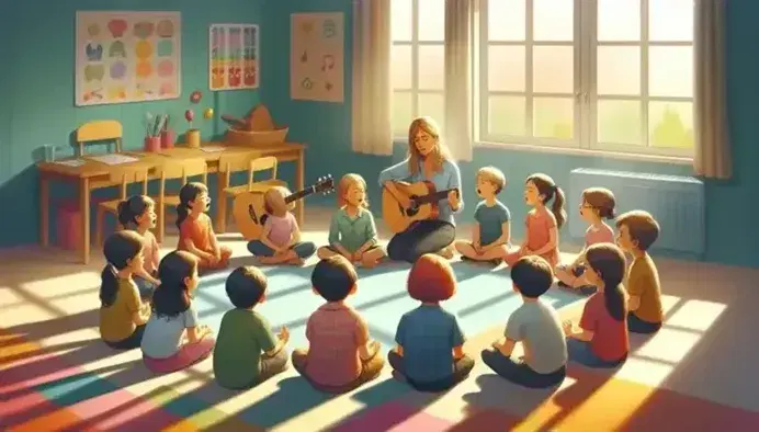 Bambini concentrati cantano in cerchio con insegnante di musica e chitarra in aula luminosa e colorata.