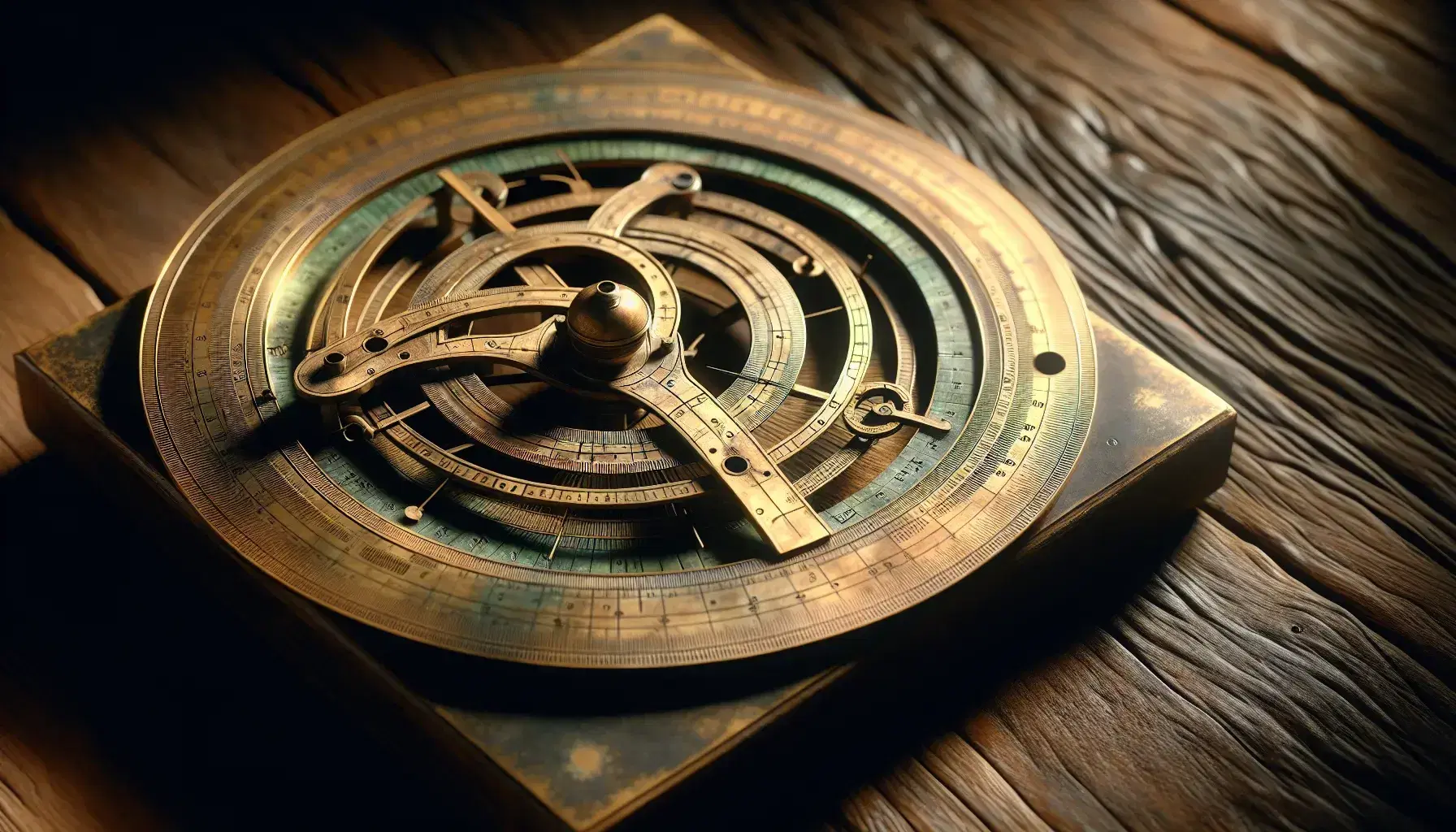 Astrolabe antiguo de bronce con círculos grabados y placas móviles sobre superficie de madera oscura, destacando su patina verde y reflejos metálicos.