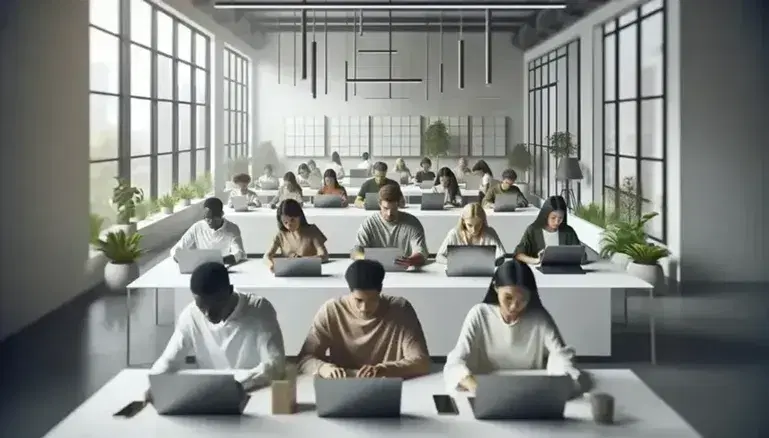 Grupo diverso de personas concentradas en sus portátiles y tablets en un espacio de trabajo colaborativo iluminado naturalmente, con plantas y pizarras al fondo.