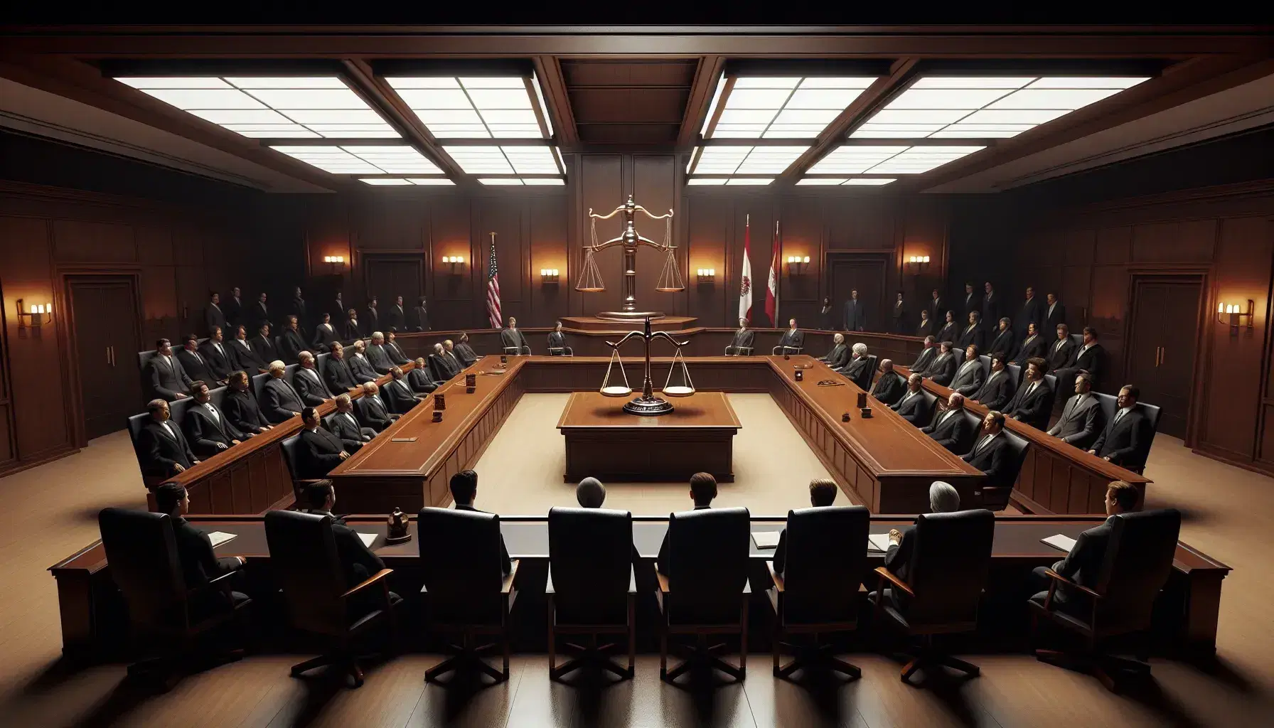 Sala de tribunal con mesa de madera oscura, personas en togas, silla elevada de juez y balanza de justicia, junto a bandera roja y blanca.