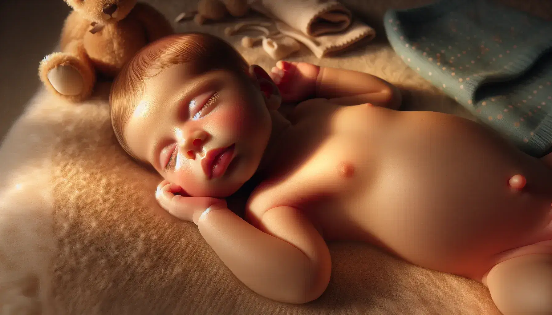 Recién nacido durmiendo plácidamente sobre manta crema, con peluche marrón claro y manta de puntos pastel al lado, en ambiente cálido y suave iluminación.