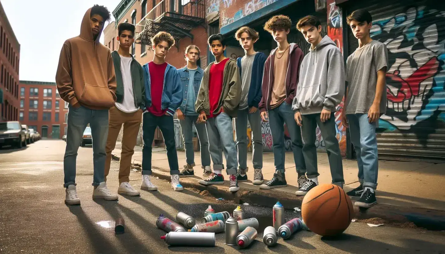 Grupo de adolescentes con ropa casual en calle urbana con grafitis, aerosol de pintura y balón de baloncesto en primer plano.