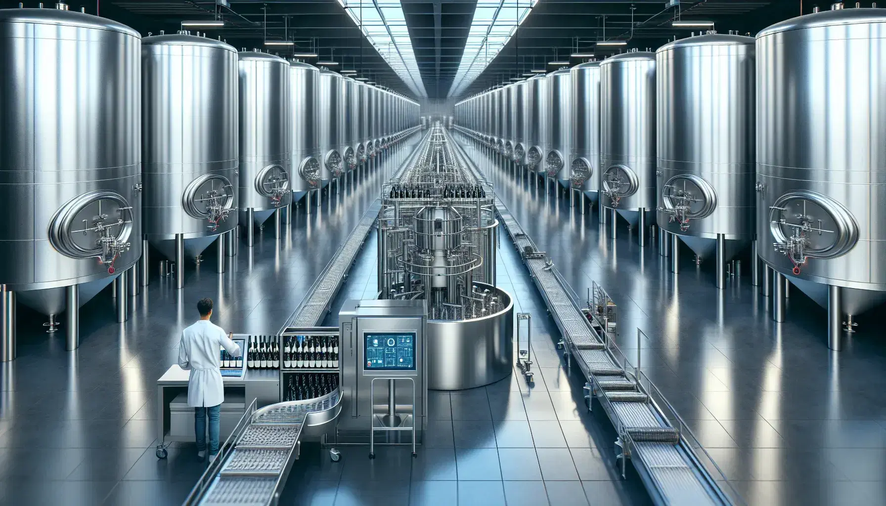 Modern winemaking cellar with stainless steel tanks, automated bottling line and South Asian worker operating a touch panel.