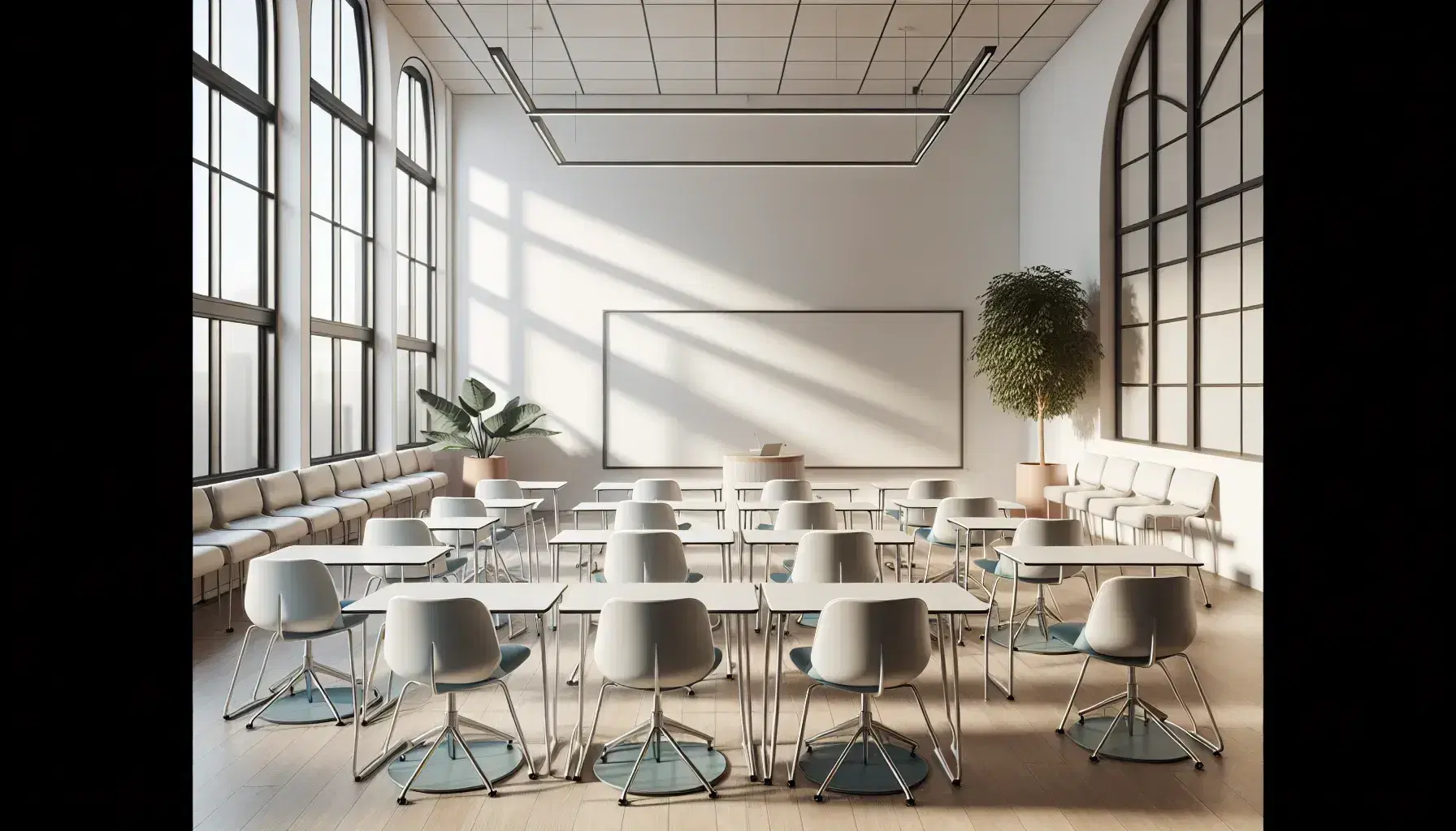 Aula moderna y luminosa con mesas blancas en forma de U, sillas ergonómicas azules, pizarra blanca grande y ventanas que aportan luz natural.