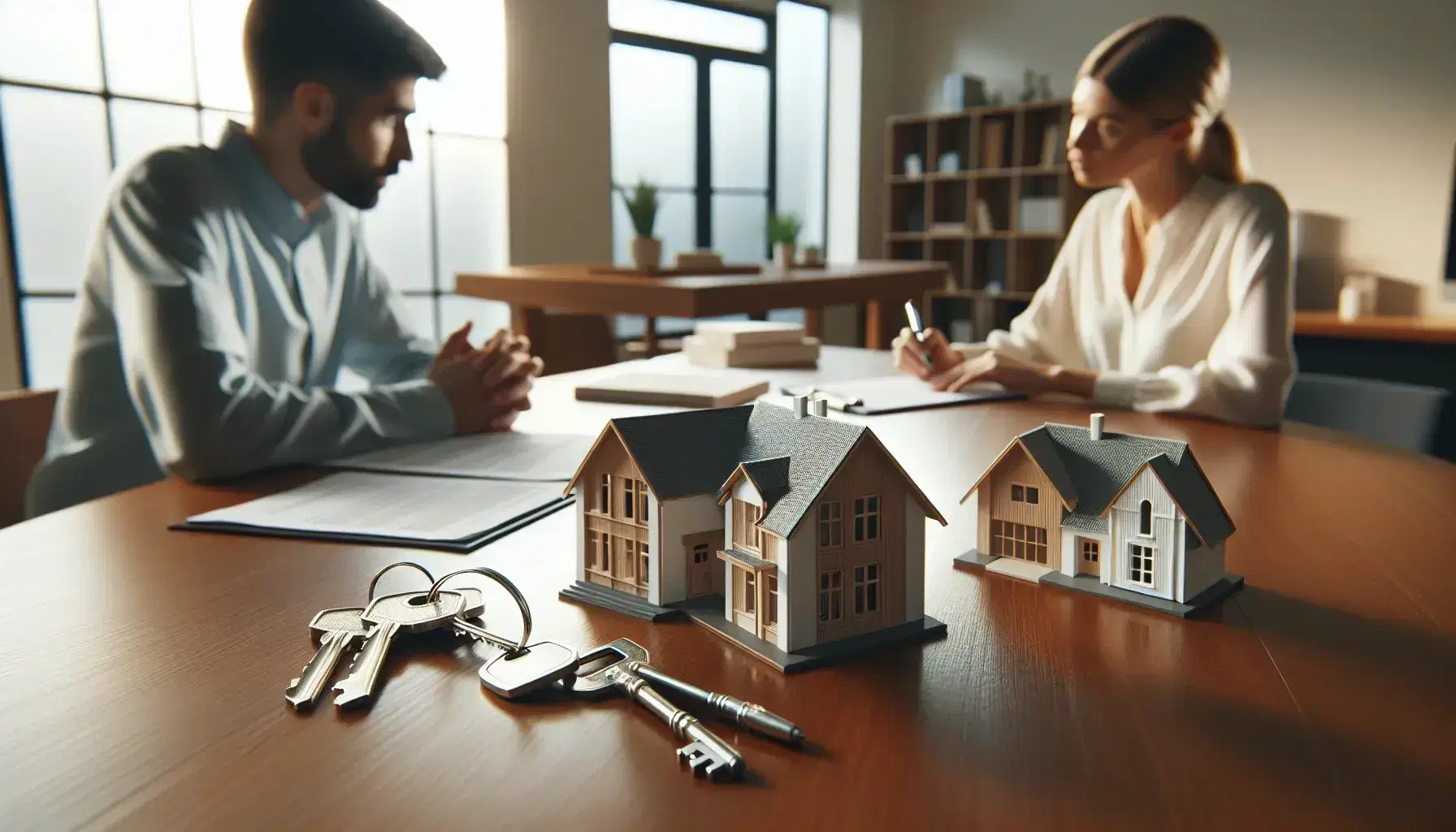 Maqueta de casas y llaves sobre mesa de madera en oficina inmobiliaria con dos profesionales discutiendo al fondo, ambiente de trabajo serio y luminoso.