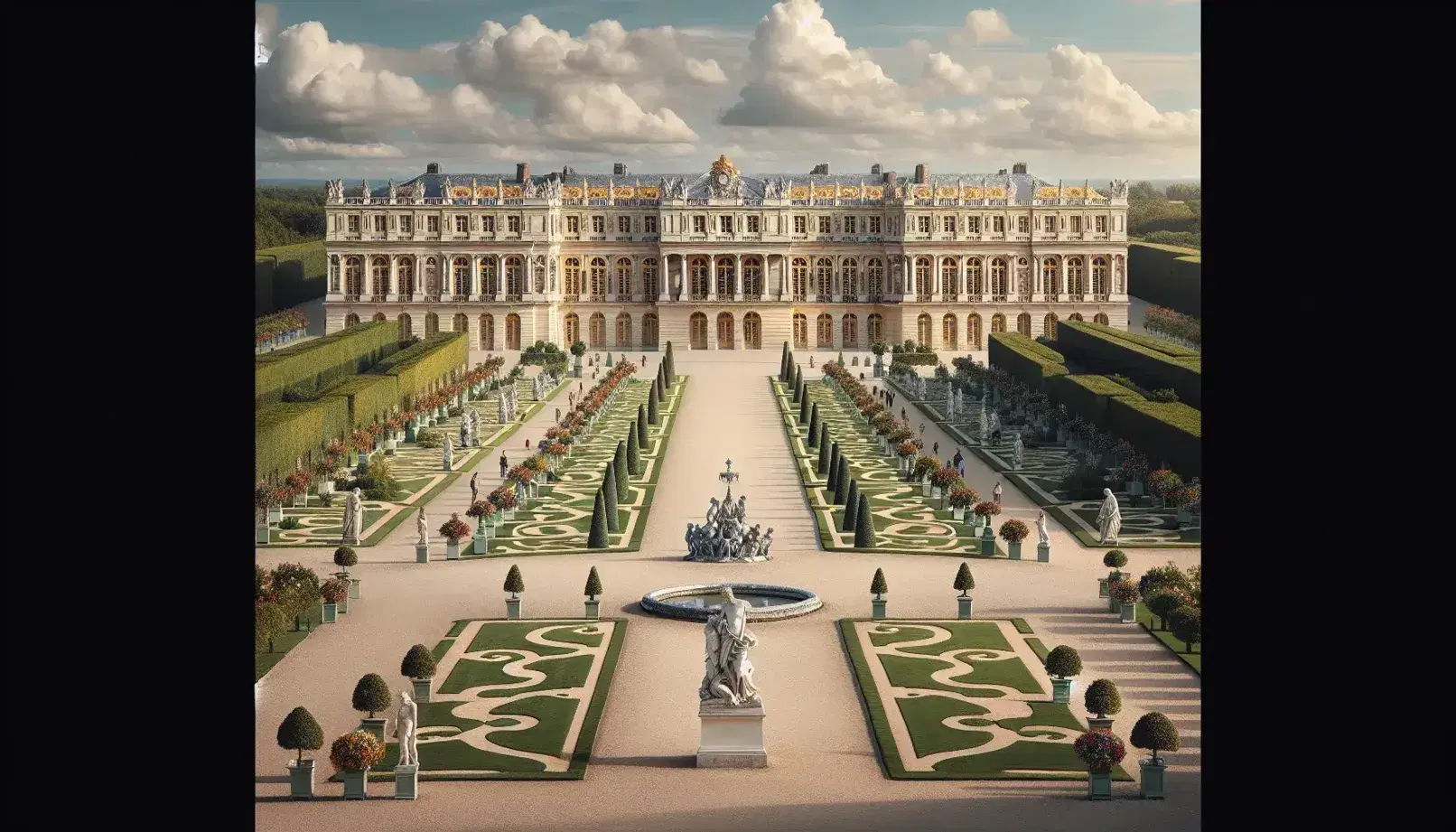 Palazzo di Versailles con facciata barocca, giardini simmetrici, statue marmoree e cielo sereno.