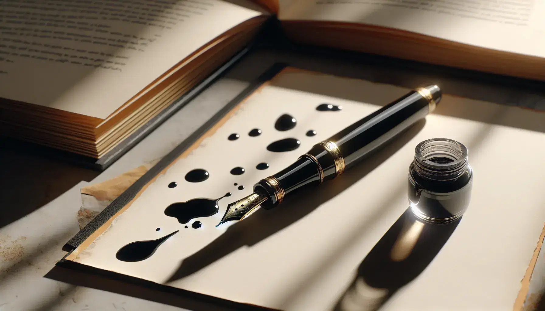 Penna stilografica nera con dettagli dorati e punta argentea su foglio bianco, accanto a macchie d'inchiostro e libro aperto sfocato sullo sfondo.