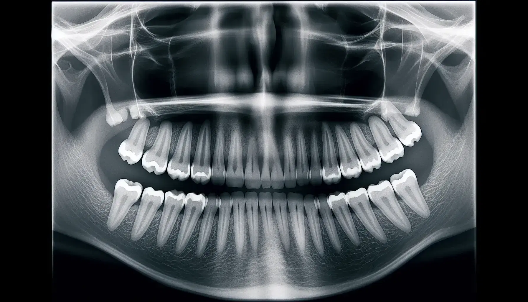 Radiografía panorámica dental mostrando mandíbula y maxilar con dientes alineados y uno retenido en ángulo anómalo, sin texto visible.