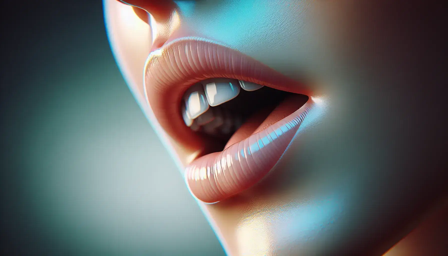 Close-up profile view of a human mouth with lips parted, tongue raised towards upper teeth, set against a blurred blue-green background.