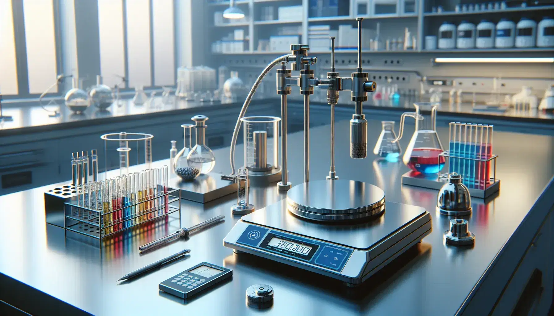 Laboratorio scientifico moderno con bilancia analitica, provette colorate, calorimetro e cilindro di vetro, illuminazione a LED, senza etichette visibili.